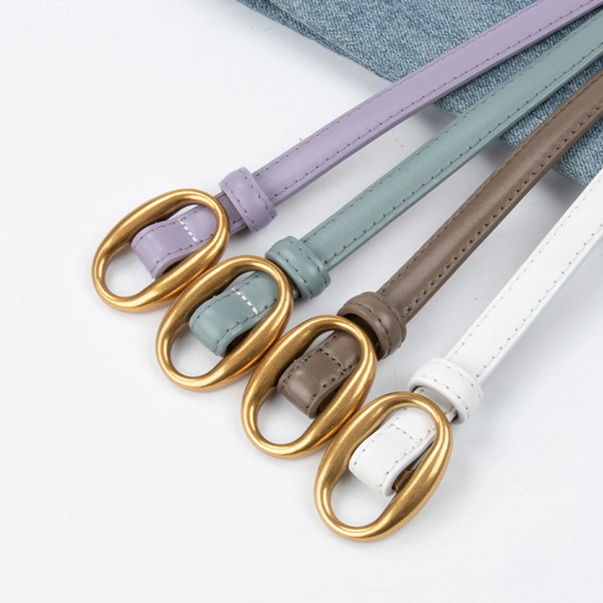 Stylish Versatile Oval Metal Buckle Leather 1.4cm Jeans Waist Belt for Dress and Daily Wearing