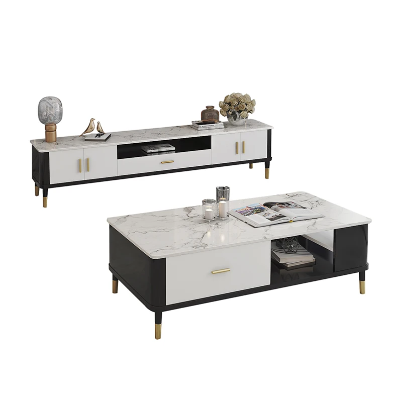 
Marble tea table TV cabinet combination furniture set modern simple light luxury rock panel TV cabinet 