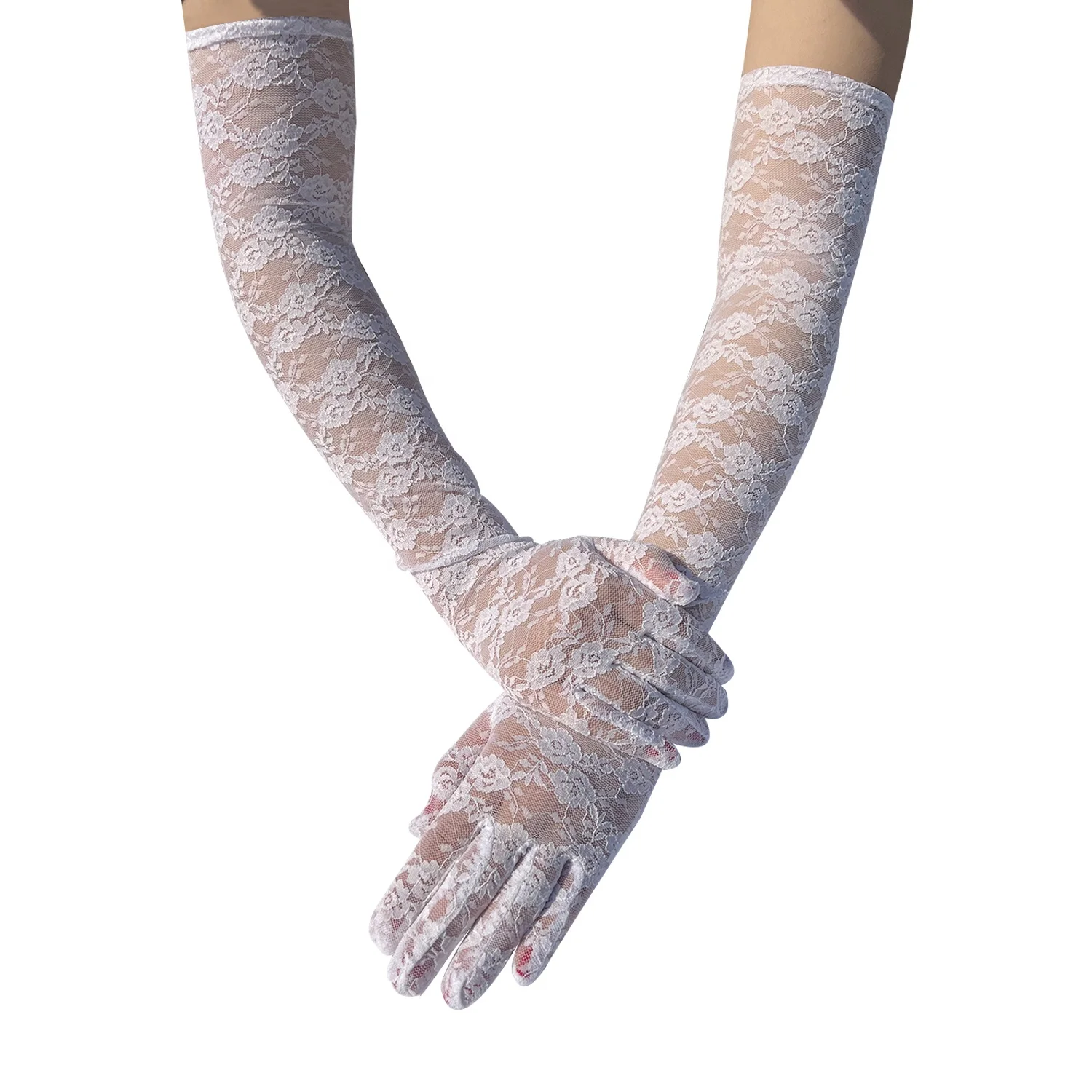 Elbow-Length Nylon Sexy Gloves Full-Finger Lace Driving Gloves with Sun Protection Etiquette for Weddings & Bride Dances