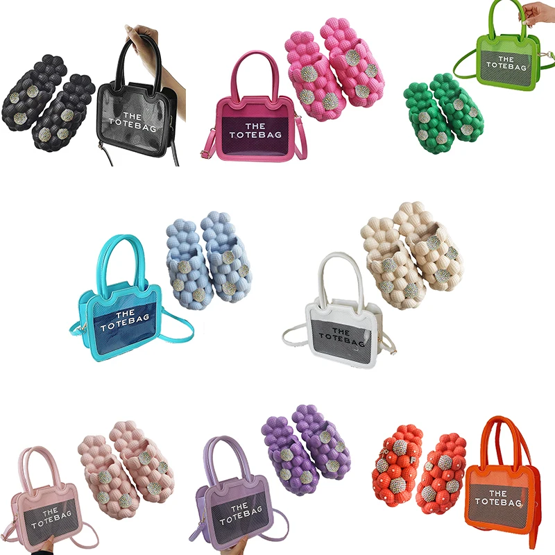 2022 New Design Bling Rhinestone bubble Slides with Handbag Purse Set Pink Orange Women Bubble Slides and The Tote Bag Purse