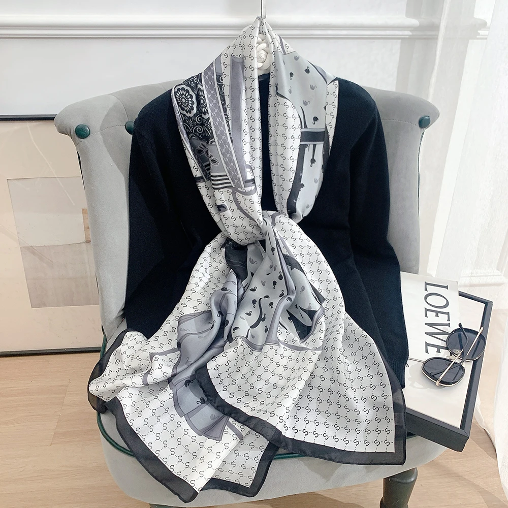 Manufacturing 2022 fashion long satin silk scarf 60*180cm women soft print hijab designer head scarf shawl