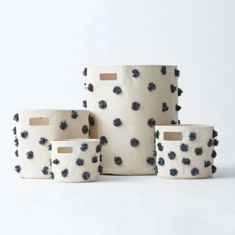 ICEBLUE HD Pom Pom Cotton Canvas Storage Bin Basket Hamper