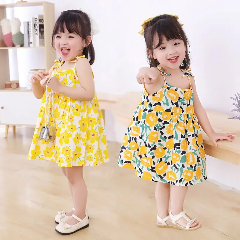 Cute Summer Kids Dresses Sling Dress Baby Girls Princess Fashion Holiday A-line Dresses