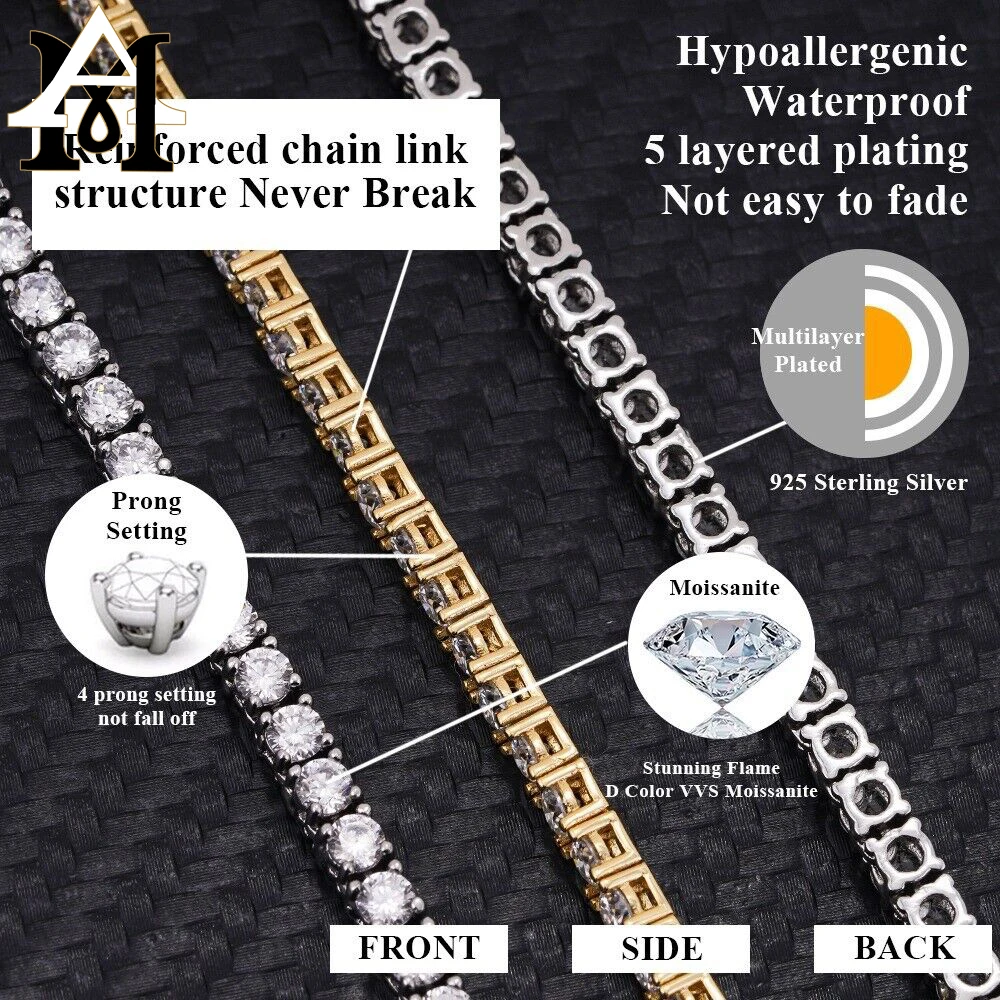 Pass Diamond Tester Large Stock Hip Hop Jewelry 2.0mm-6mm VVS Moissanite Diamond 925 Silver Iced Out Tennis Chain Necklaces