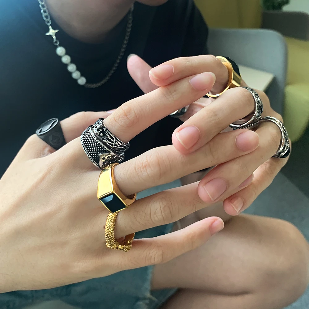  Dylam Men Jewelry 2021 Trendy Silver Gold Plated Chunky Agate Onyx Stainless Steel Rings For