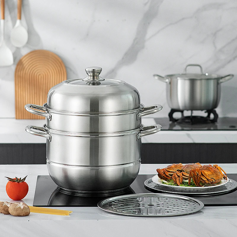 Kitchen 28cm 30cm Food Steamer Pot Set Factory Cheap Custom Food Grade Stainless Steel Momo Steamer with Glass Lid Silver Metal