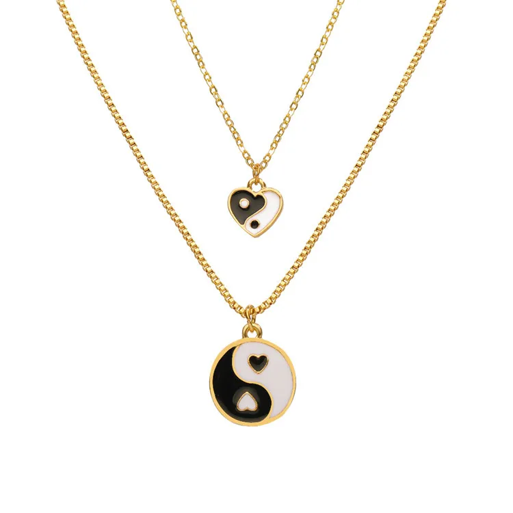 Qicai  Wholesale Fashion Necklace Jewelry Double Chain Layered Stainless Steel Made Ying Yang Pendant Necklace