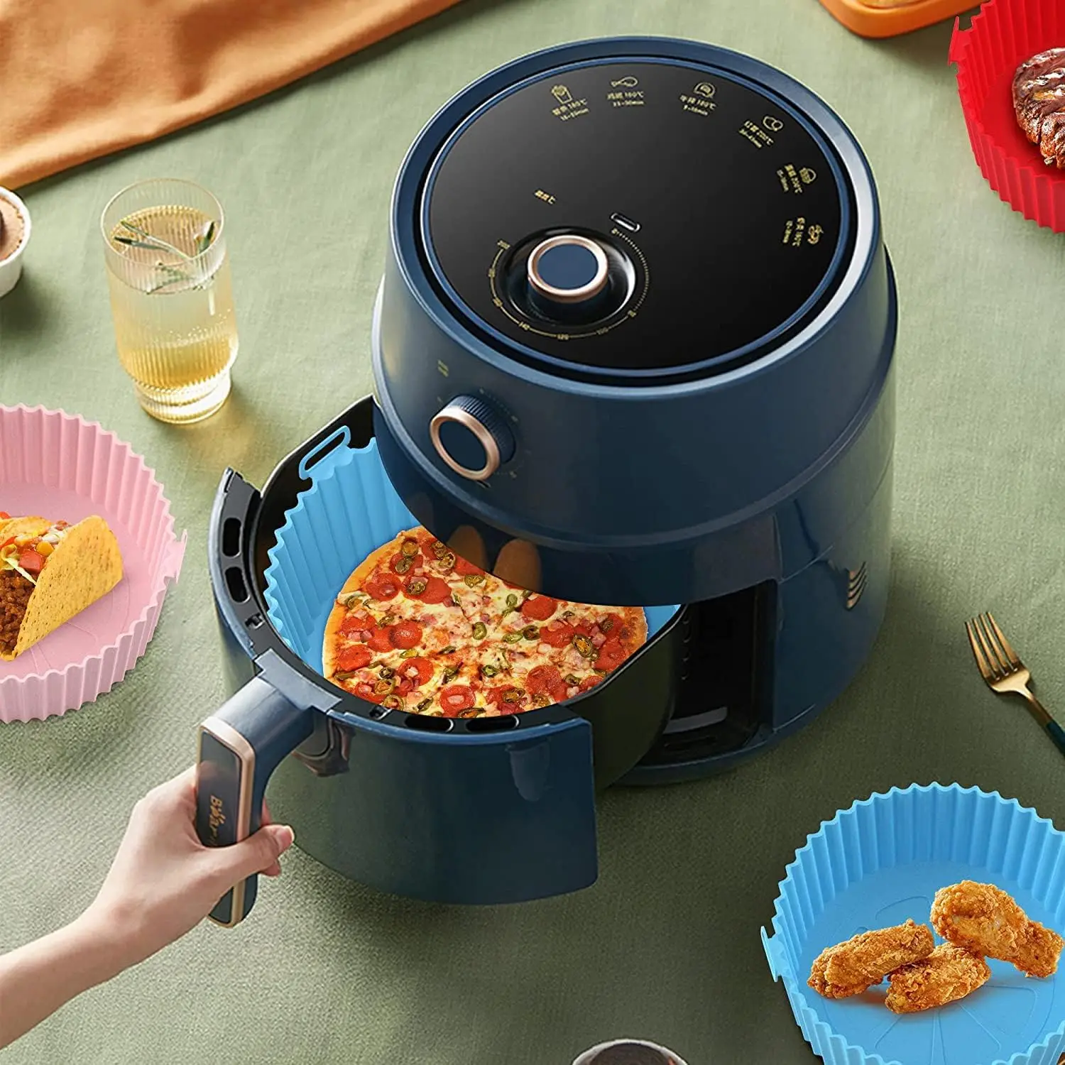 Custom Deep Collapsible Reusable Silicone Air Fryer Pot Baking Tray Basket Pan Air fryer Liners Pot Set Oven Molds Accessories