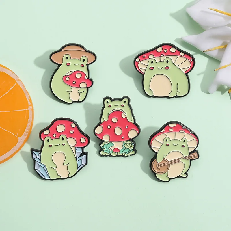 Cute Animal Frog Lapel Pin Mushroom Frog Cartoon Enamel Pins for Backpack Clothes Jewelry-Offset & Silk Screen Printing Gift