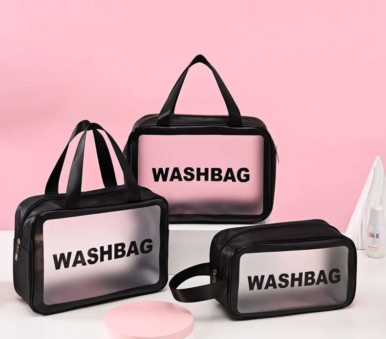 Custom Logo Wholesale Waterproof Pink Transparent PVC Clear Cosmetic Bags Case Set Women Travel Makeup Toiletry Bag With Handle