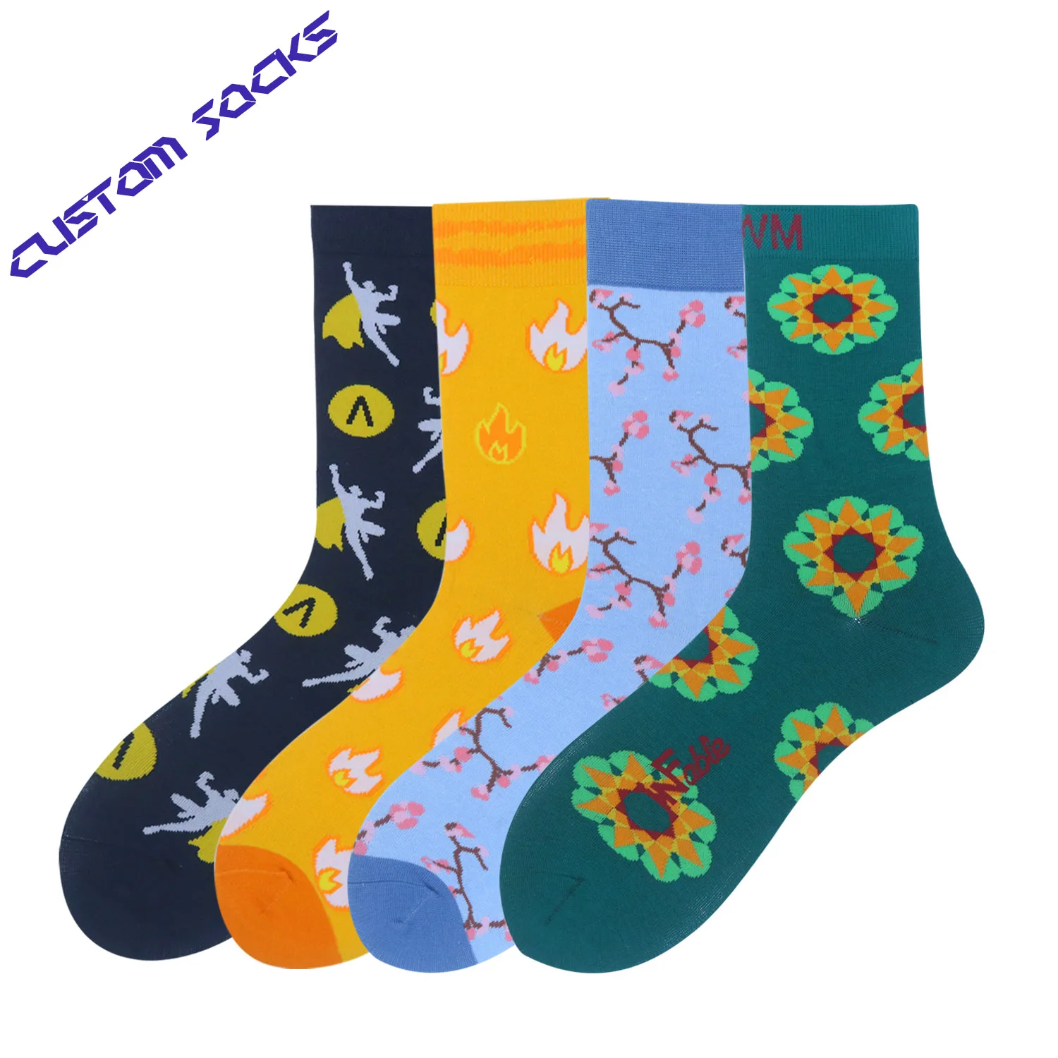 Custom made professional design add your logo combed cotton happy crew men socks with custom tag socks for men