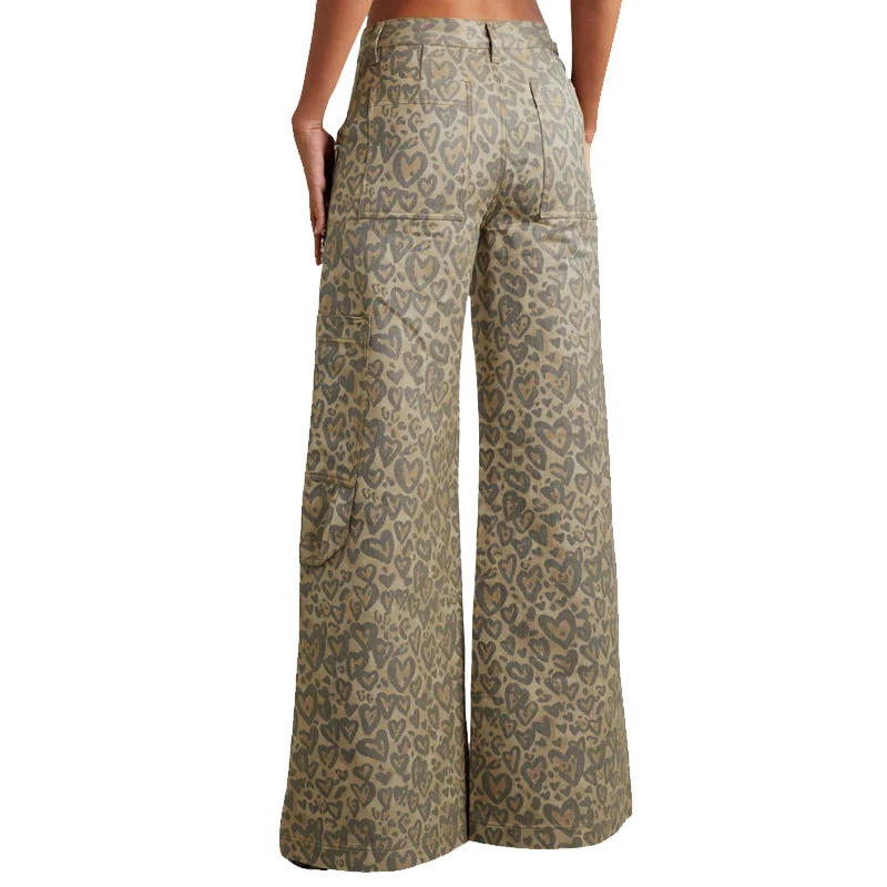 Leopard Rhinestone Embellished Colorblock Hollow Out Patchwork Diamonds Straight Wide Leg Denim High Wholesale Women Jeans