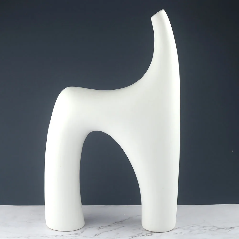 21 inch Matt White and Black Abstract Camel Shape Custom Design Made Ceramic Flower Vase