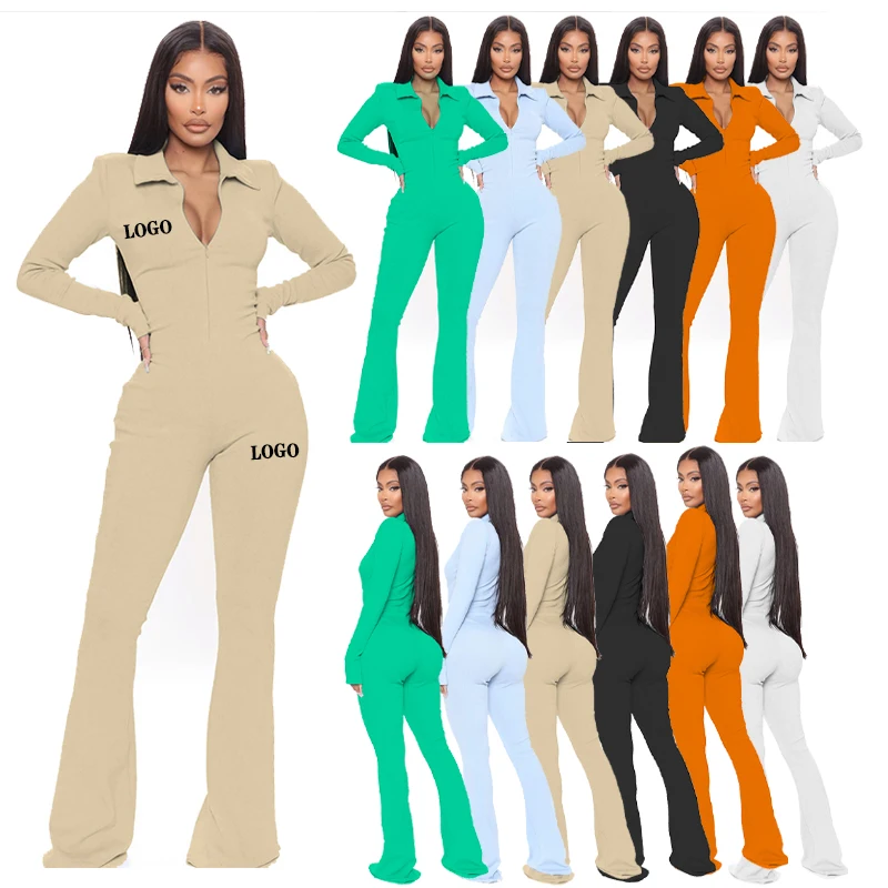 High quality fall autumn winter 2022 elegant one piece women clothes zipper overalls women long sleeve ladies wide leg jumpsuits
