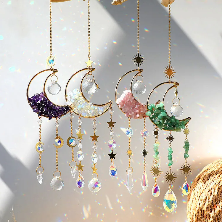 New Natural Gravel Metal Moon Hourglass Hanging Decoration Amethyst Green Crystal Star Moon Sun Catcher Pendant