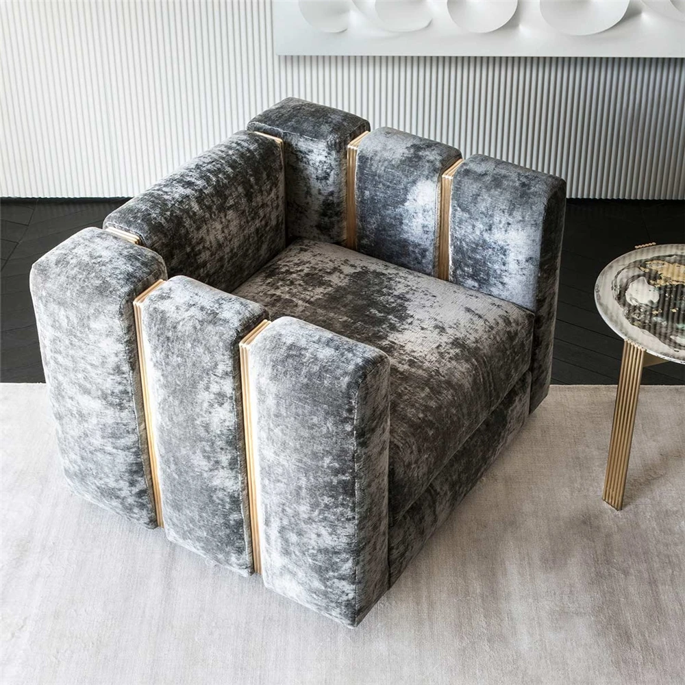 Italian luxury Armchair upholstered Velvet Fabric shining gold brass structure living room sofa furniture