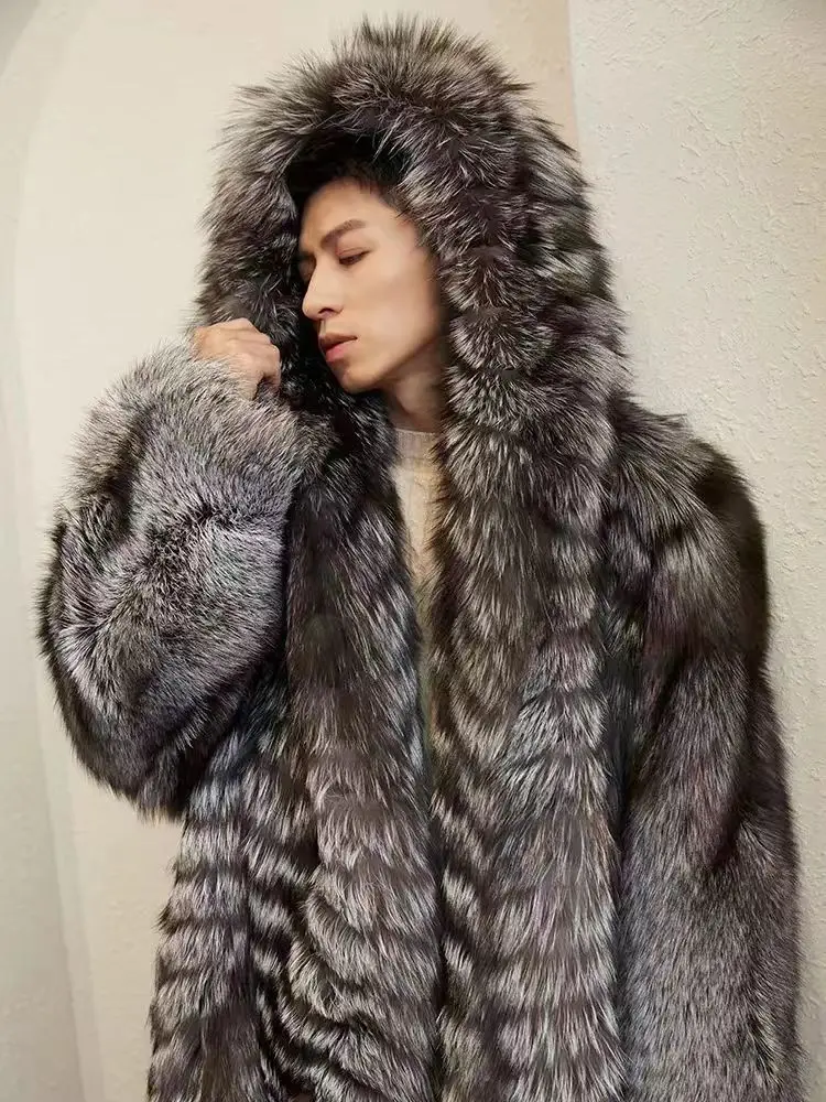 Hot Selling Real Fur Coat For Man Luxury Long Style Winter Warm Mens Natural Silver Fox Fur Coat