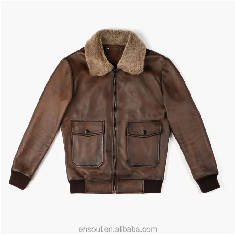 Factory Wholesale Custom Logo Mens Zipper Flight Leather Pilot Jacket With Shearling Collar