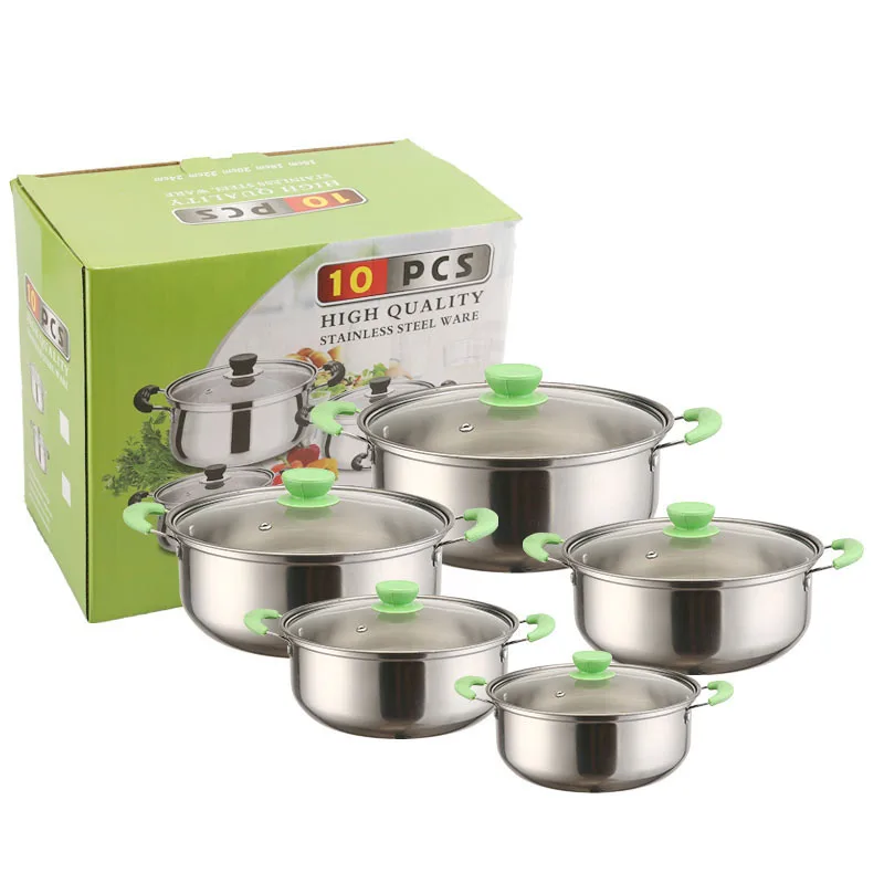 10 Piece Wholesale Kitchen Ware Stock Pot gold handle Stainless Steel Cooking soup Pot Cookware Set