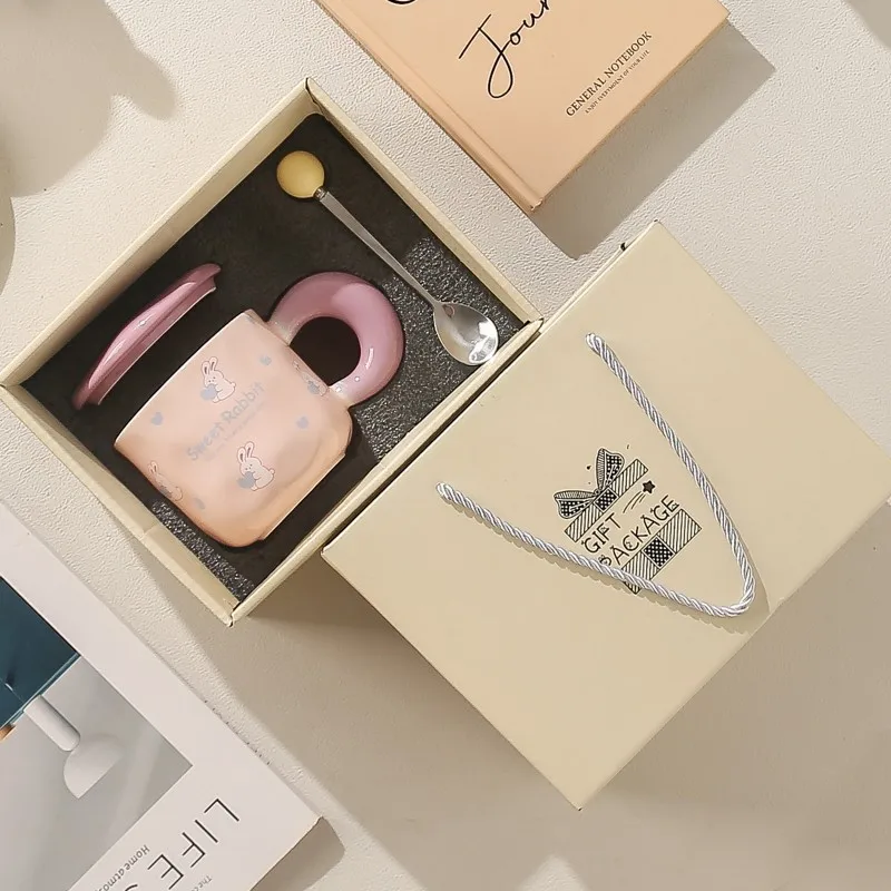 New cute 400ml cartoon Rabbit ceramic mug with cover spoon sweet gift box ceramic coffee milk Cup
