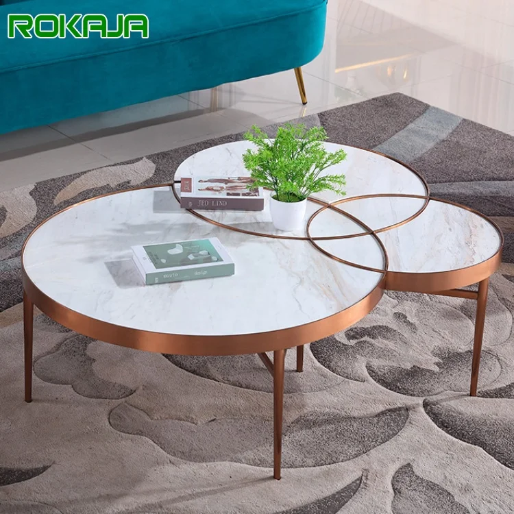 Hotel Business Living Room Round Coffee Table Stainless Steel Natural Stone Framed Coffee Table