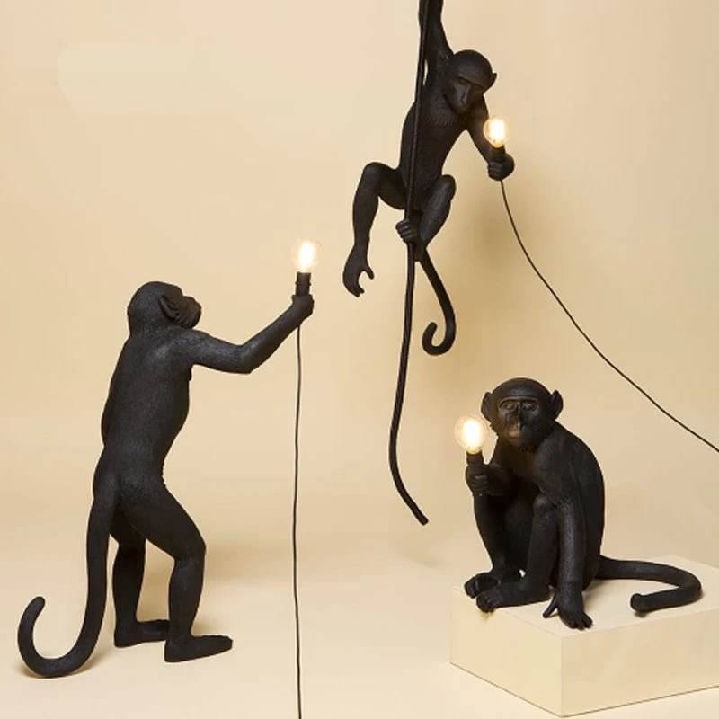 
LED Resin Monkey Pendant Light Black White Gold Modern Hemp Rope Lamps For Living Room Art Parlor Study Lights Lustre 