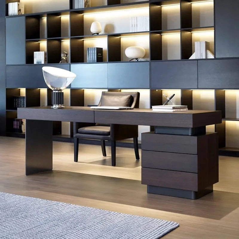 Italian modern office furniture with steel support and smoked oak veneer press drawer sockets Computer desk