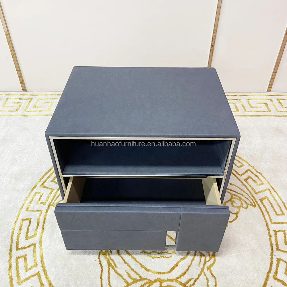 Modern cheap nightstands luxury high quality  bedroom furniture stainless steel legs leather fabric bedside table with drawer