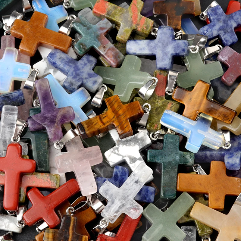 Natural Crystal Gemstones Jade Agate Cross Shaped Assorted Cross Charm Pendant Necklace For DIY Jewelry Making