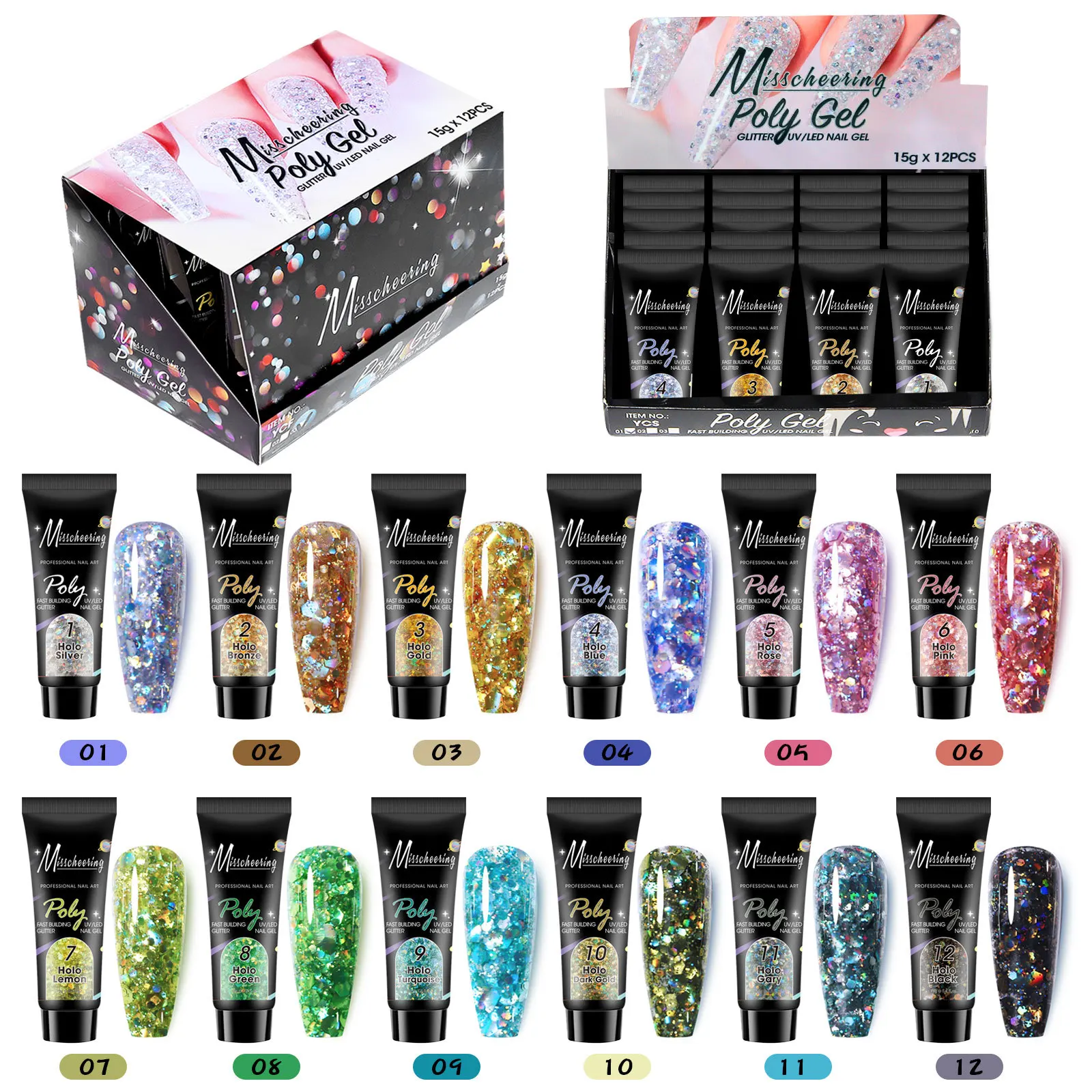 12 Colors/Set Shimmer Sparkly Glitter Poly nail gel Sets in Box Fluorescent Glow in Dark Summer Nail Extension Gel Kits