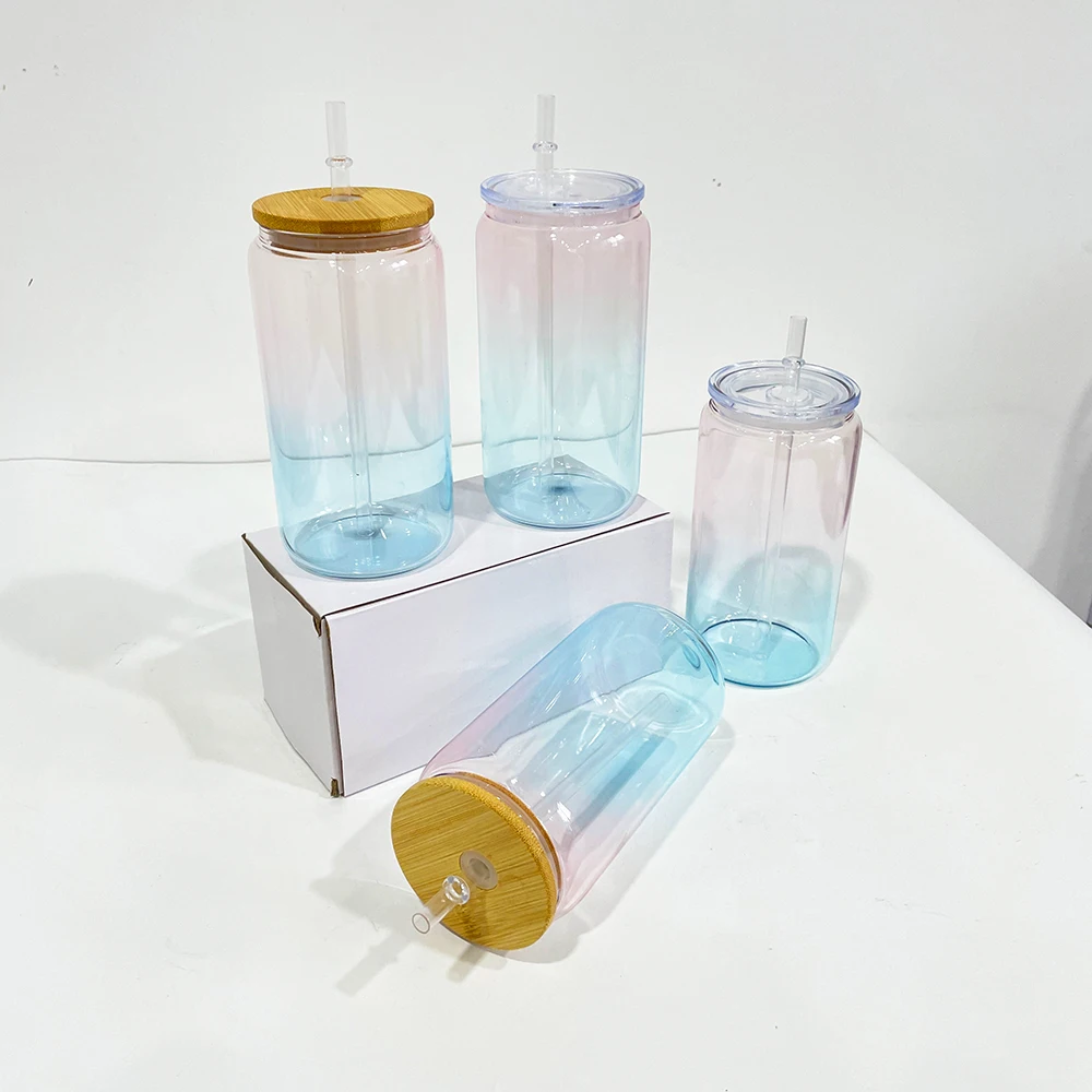USA warehouse blank sublimation ombre jelly crystal ocean 16oz Beer Can Glass Cups with clear straws for UV DTF wraps