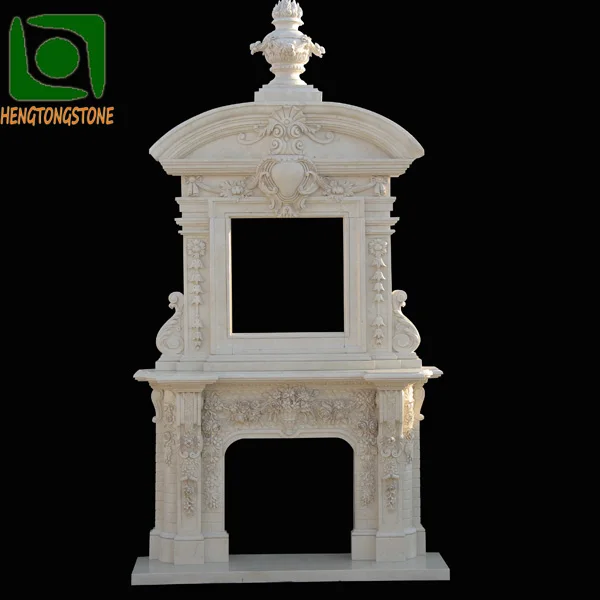 Home Decoration Hand Carved Freestanding Beige Marble Fireplace Mantel With Lion Statue