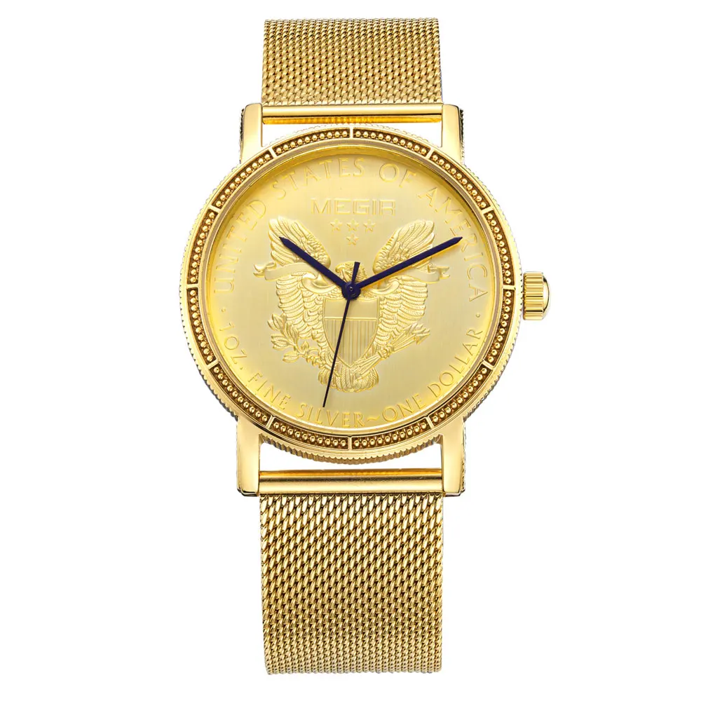 MEGIR 2032 USA badge Wristwatch Luxury Golden Bald Eagle Quartz Watch for Men