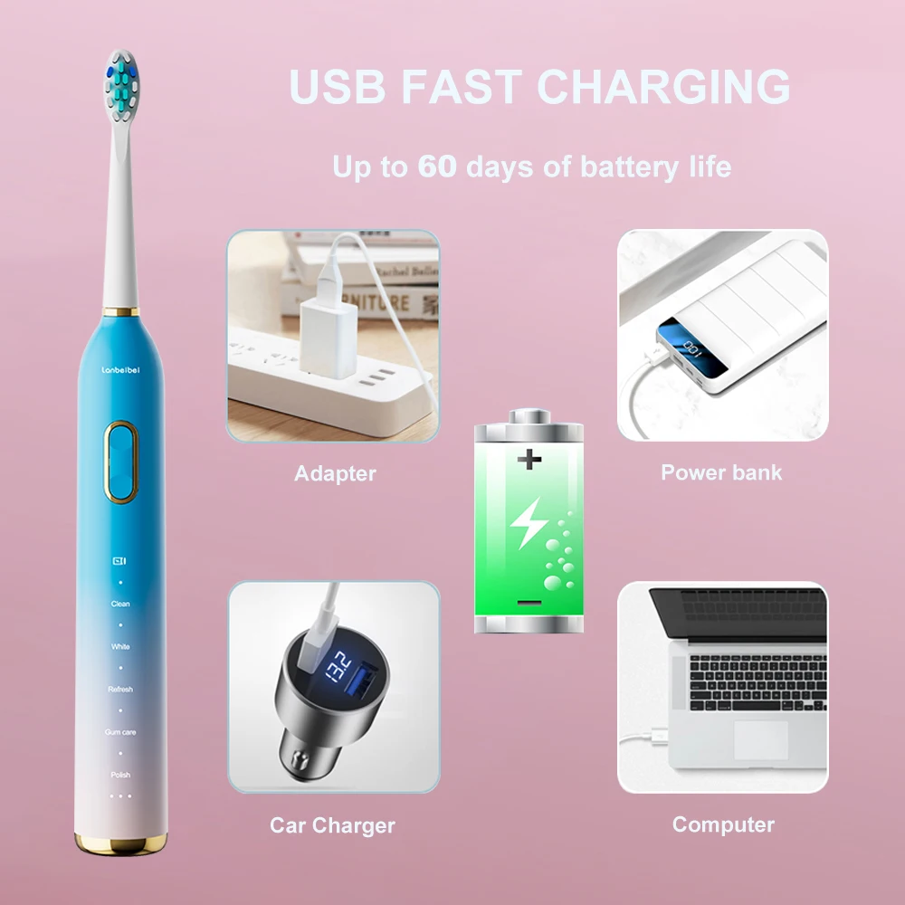 Wholesale Electric Toothbrush Adult 360 Degree Automatic Ultrasonic Toothbrush Oral Care 5 Modes Replacement Heads Toothbrush