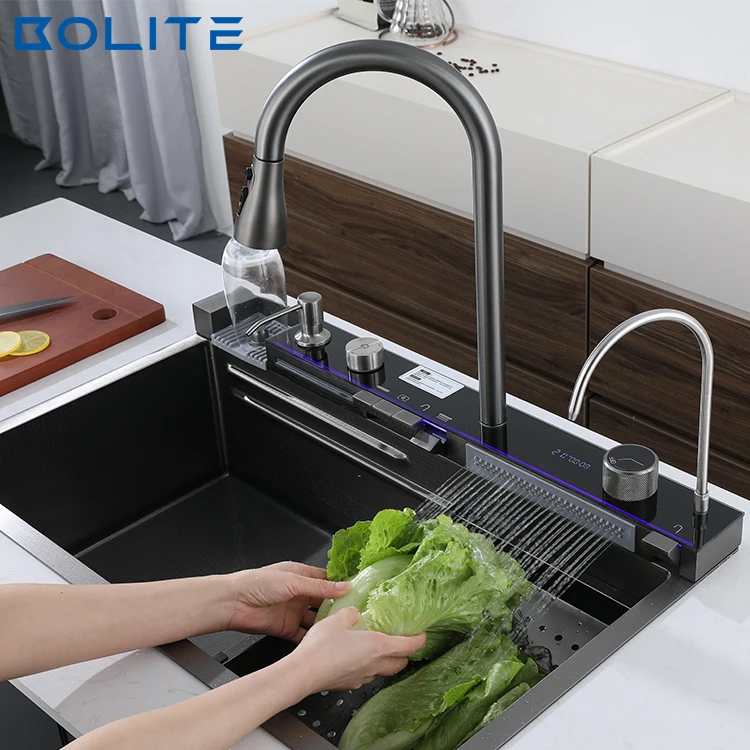 Metal Kitchen Sink Intelligent Multifunctional Modern Kitchen Sink Stainless Steel Waterfall Kitchen Sink