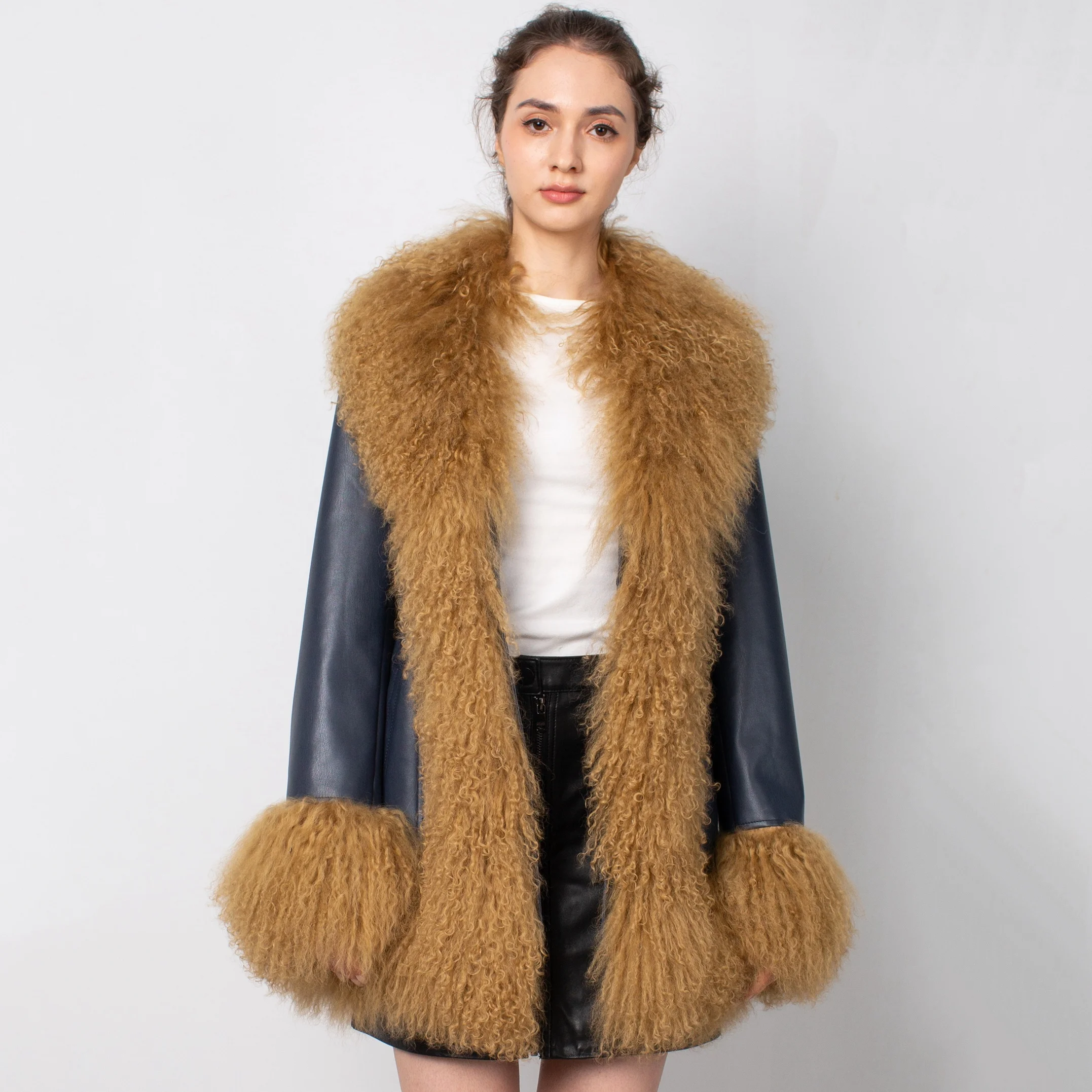 Women Fur Collar Shearling Large Fur Trimming Suede Leather Jacket Coat Colorful Real Mongolian Fur Leather Coat