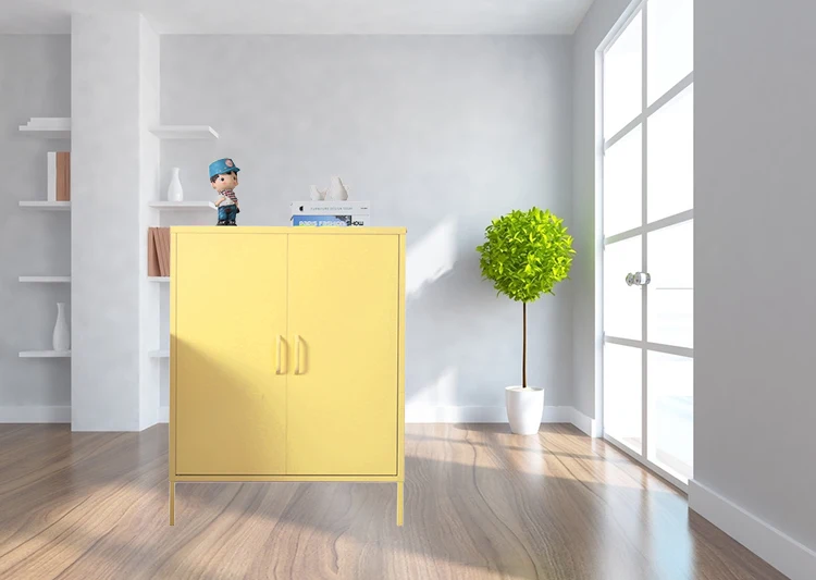 Light yellow metal living room office over desk mobile steel 2 doors storage file cabinet