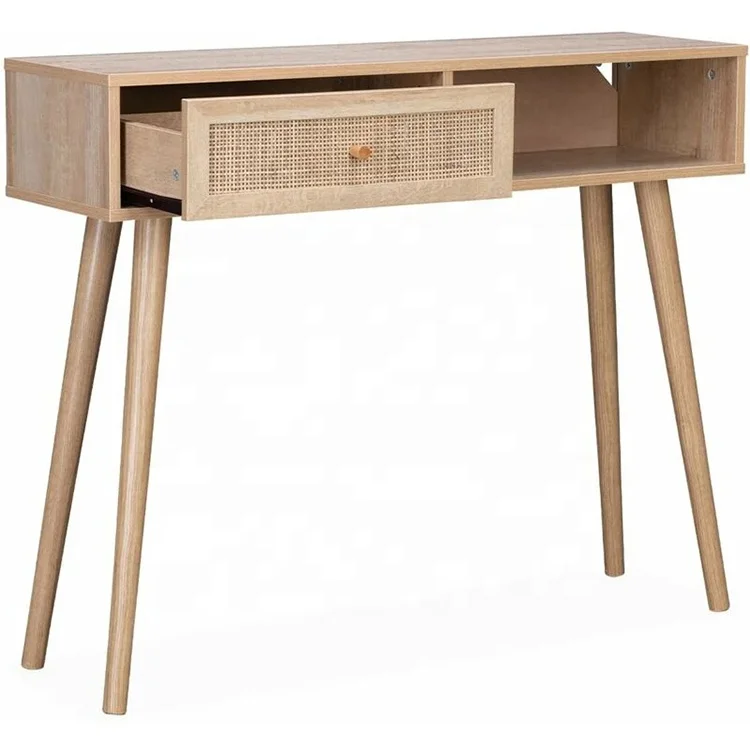 Modern cheap minimalist rattan wood pc table home office laptop computer desks with drawers, console table