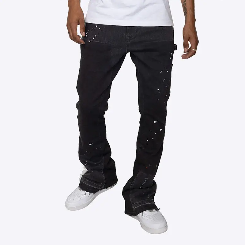 Wholesale buy jeans in bulk   Casual Utility Carpenter Denim Pants   Custom Logo Heavy Paint Splash Flare Jeans  for men