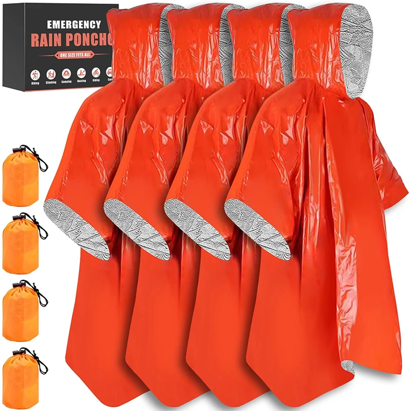 Waterproof Orange PE Aluminium Foil Survival Emergency Rain Poncho With Mylar Blanket Liner