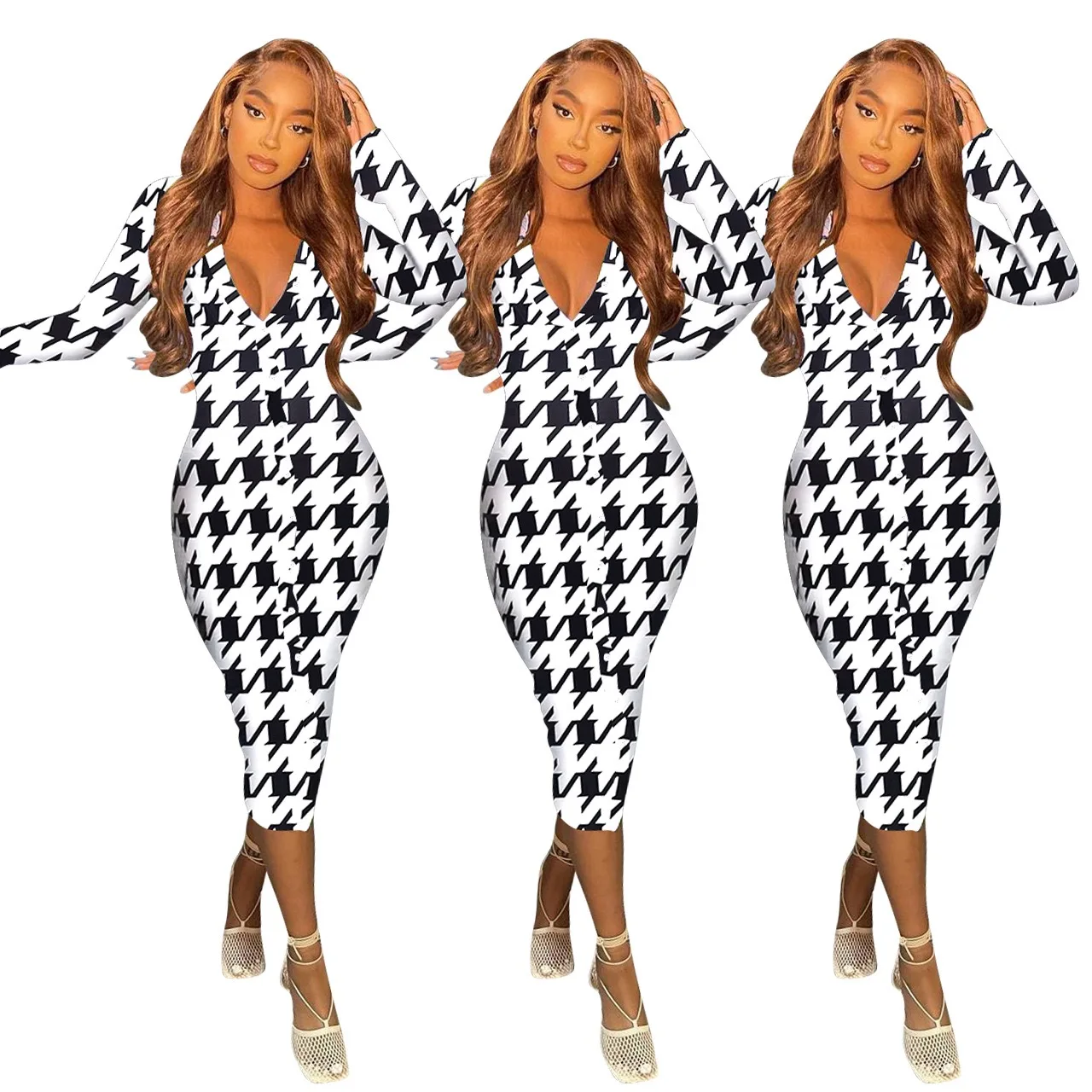 Все 2021 Женская одежда с принтом гусиных лапок миди платье сексуальное облегающее платье с v-образным вырезом элегантные деловые платья женская одежда