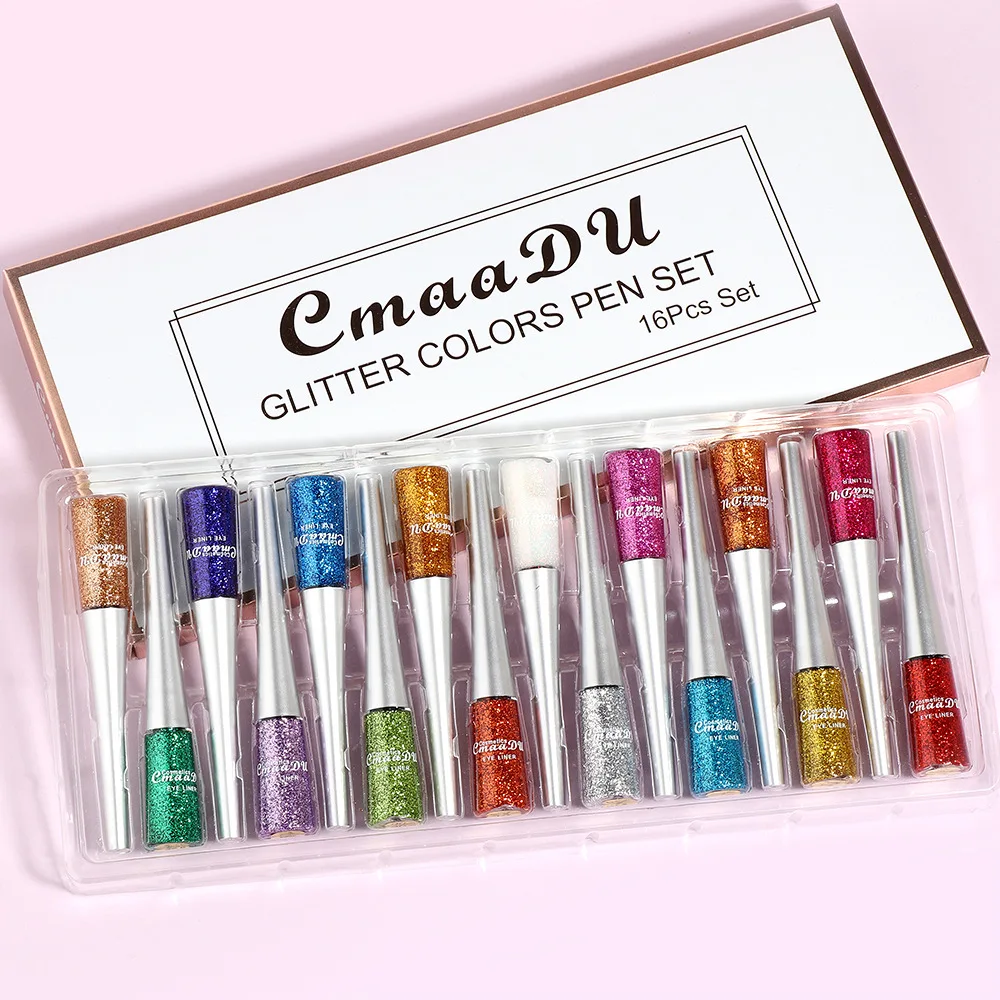 CmaaDu 16 Colors Glitter Eyeliner Set Party Makeup Liquid Eye Liner Custom Vegan Cosmetic