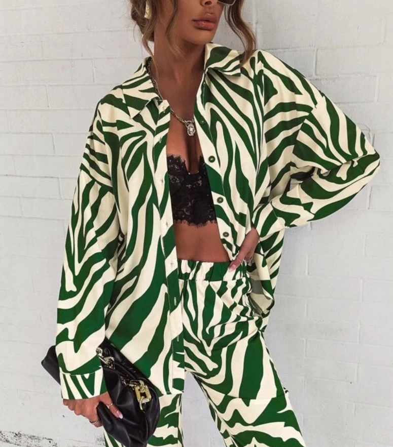 Wholesale Zebra Stripe Print Long Sleeve Blouse Shirts And Pants Two Piece Set For Women
