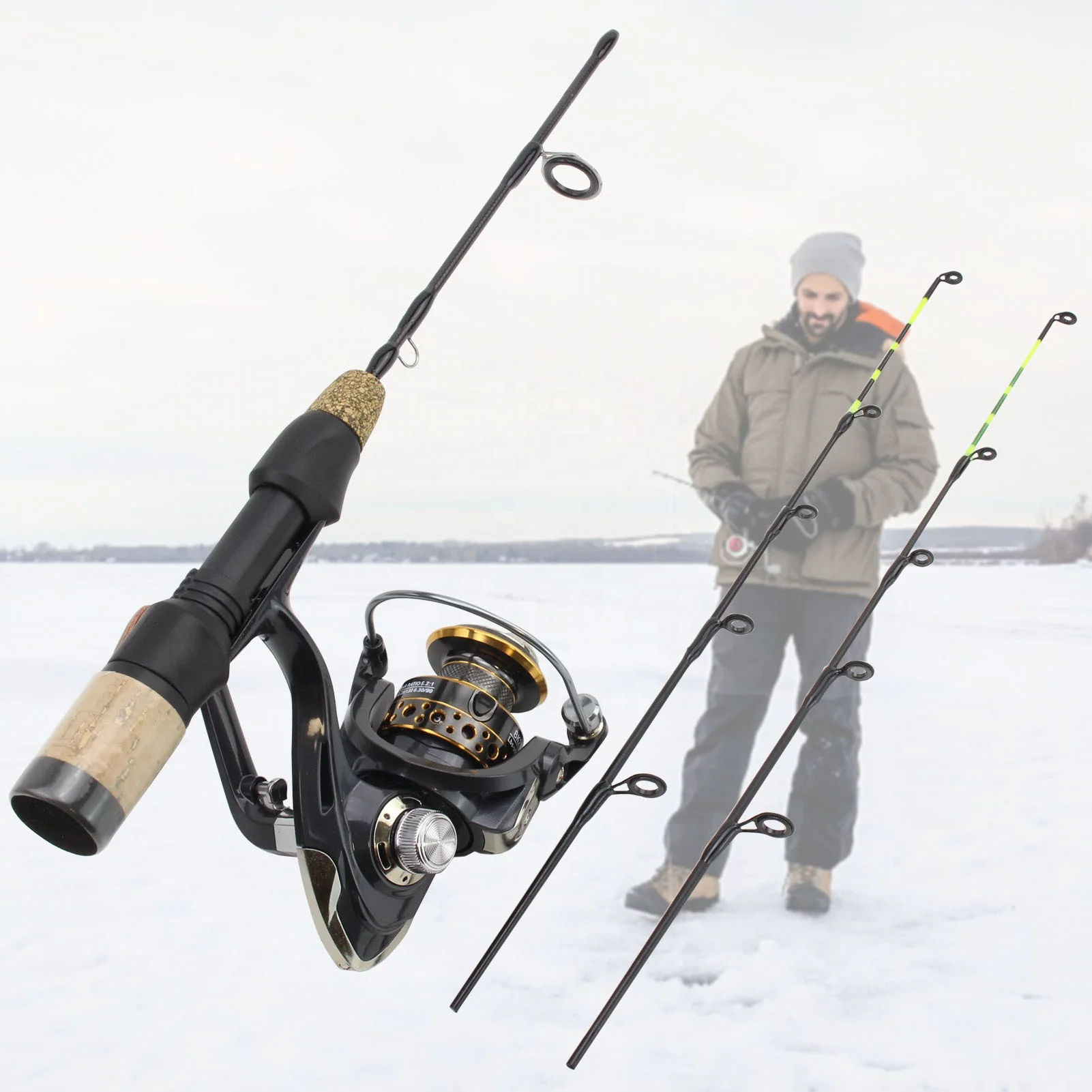 60cm Ice Fishing Rod Kit Double Tip Winter Fishing Set Rod and Reel Combo Spinning