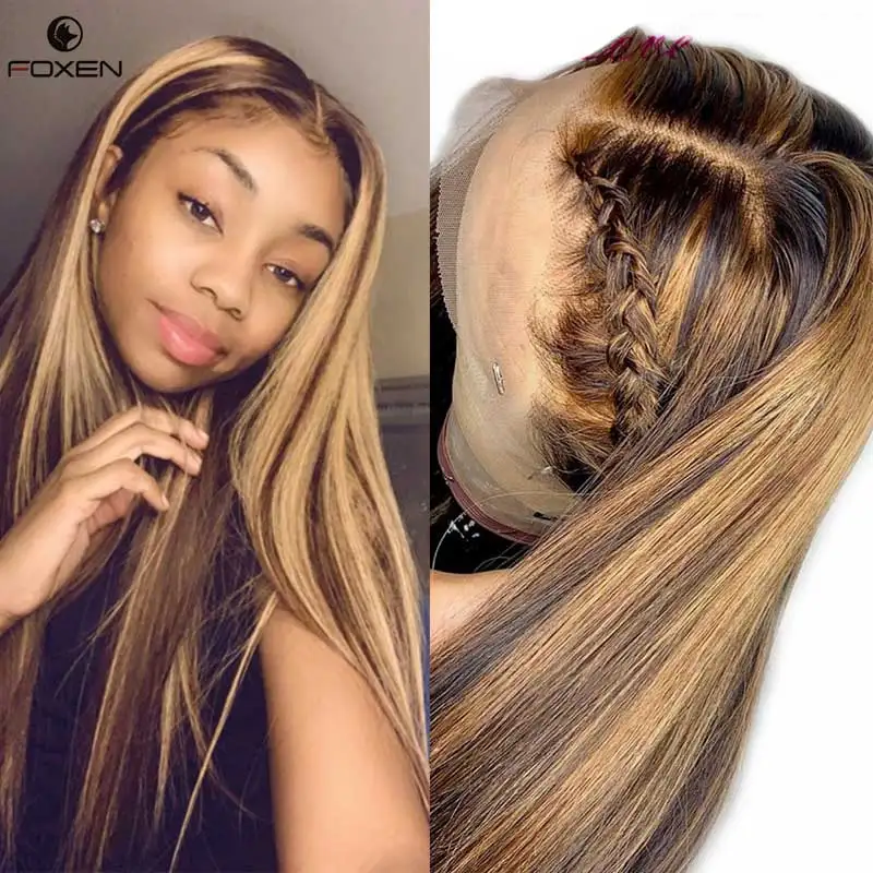 Hot Selling Fashionable Piano Colored Wig Highlight 1b Honey Brown Color Straight Human Hair Transparent Lace Front Closure Wigs