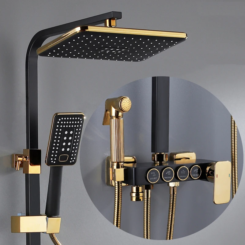 RTS Bathroom Shower System Black Gold Bathtub Mixer Faucet Hot Cold Bathroom Tap Thermostatic Shower Set