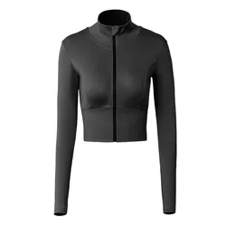 Fall sexy womens sport wear black gym outfit coat zip up yoga short jacket collar fitness