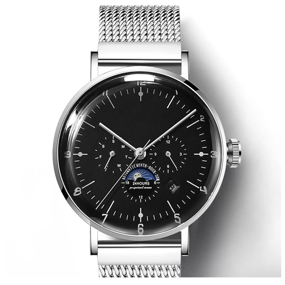 Latest stainless steel case complete calendar moon phase leisure men mechanical wristwatch