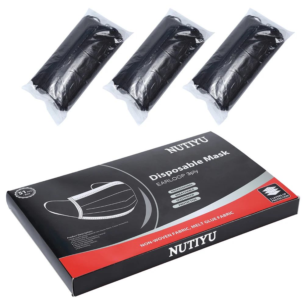 Black Adult Disposable Face Mask 3-Ply Non-woven Meltblown Dust Breathable Medical Face Mask Customizable