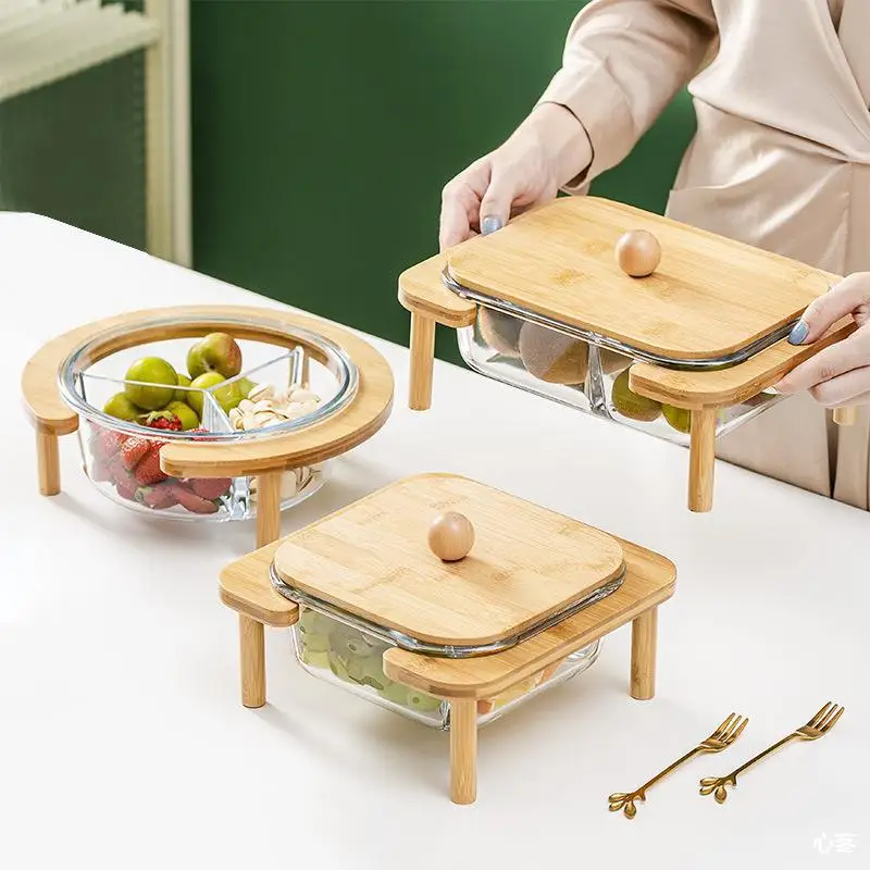 Bamboo glass fruit tray family living room tea table net red snack tray with cover fruit melon seeds peanut candy box